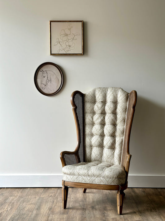 Modern Vintage Caned Upholstered Wingback Chair