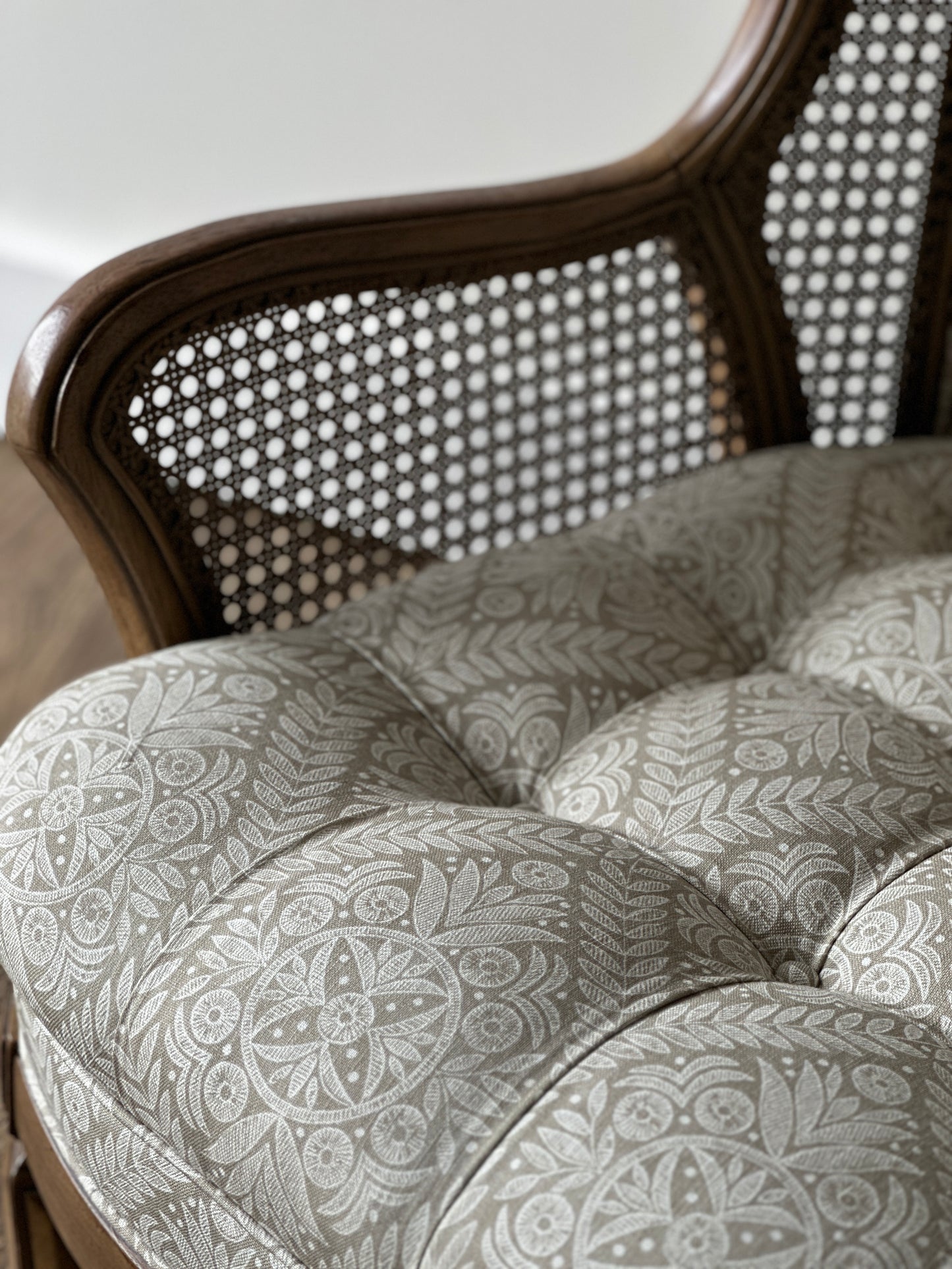 Modern Vintage Caned Upholstered Wingback Chair