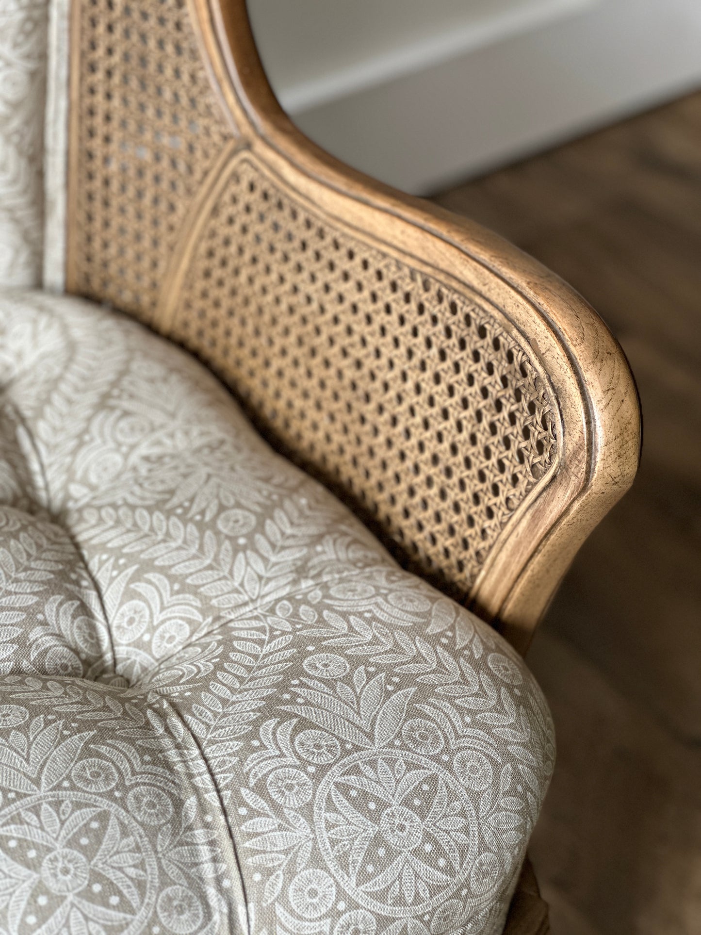 Modern Vintage Caned Upholstered Wingback Chair