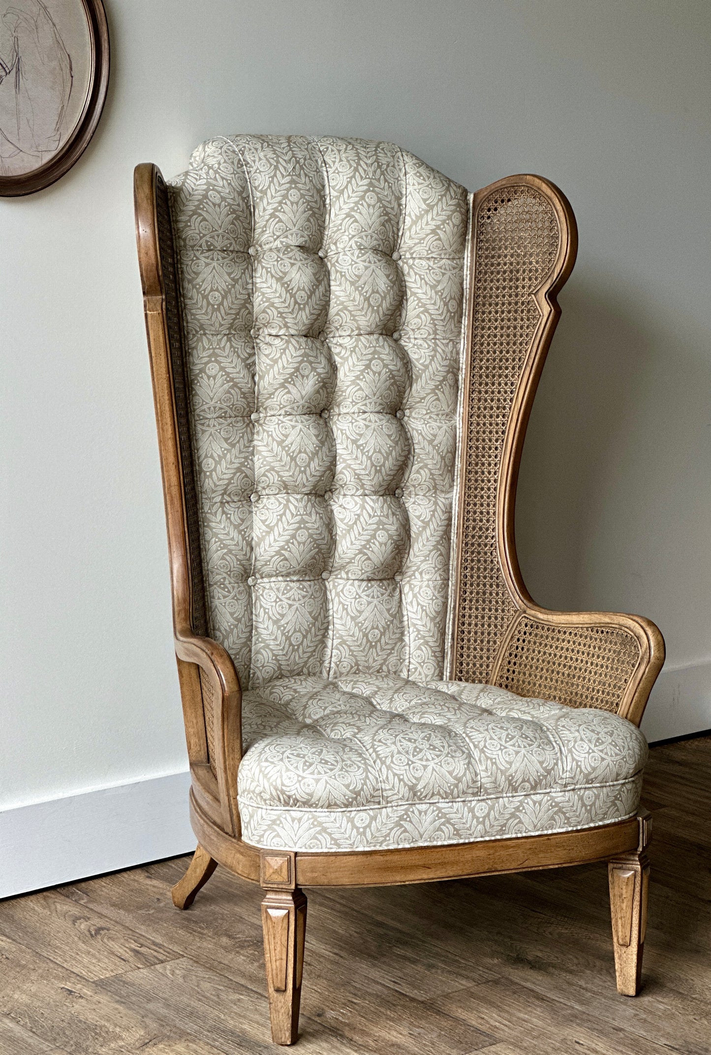 Modern Vintage Caned Upholstered Wingback Chair